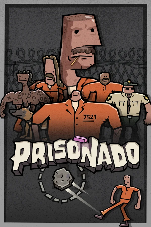 Prisonado key art: the inmates, a guard and his dog in front of the Yard fence, over the Prisonado logo